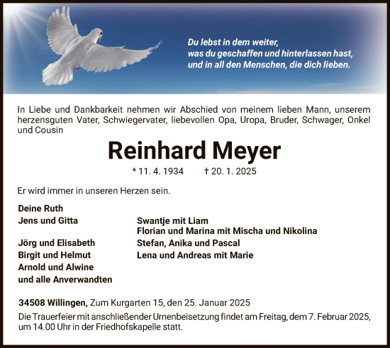 Traueranzeige von Reinhard Meyer von WLZ