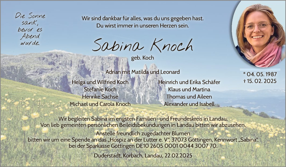  Traueranzeige für Sabina Knoch vom 22.02.2025 aus WLZ