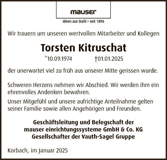 Traueranzeige von Torsten Kitruschat von WLZ