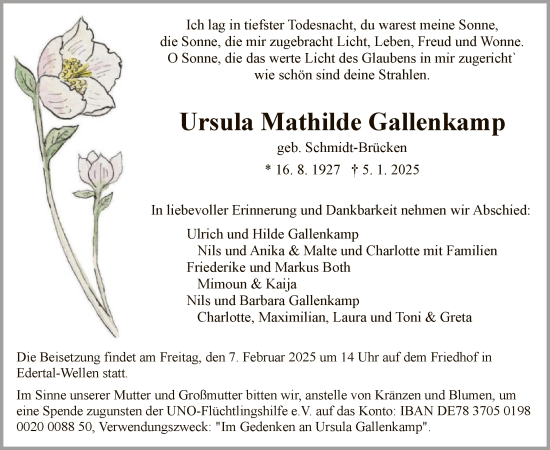 Traueranzeige von Ursula Mathilde Gallenkamp von WLZ