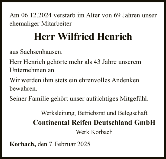 Traueranzeige von Wilfried Henrich von WLZ