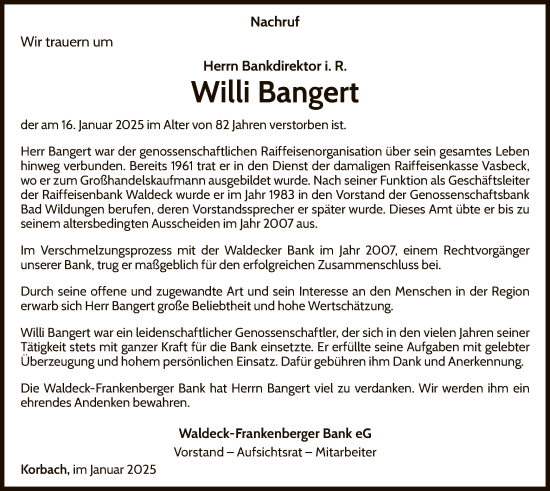 Traueranzeige von Willi Bangert von WLZ