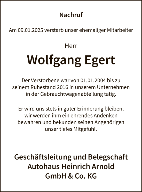 Traueranzeige von Wolfgang Egert von WLZ