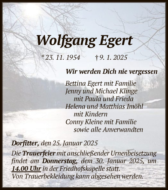Traueranzeige von Wolfgang Egert von WLZ