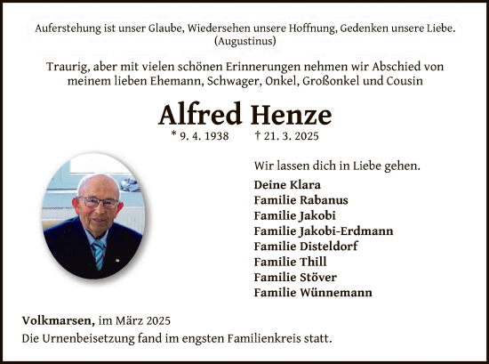 Traueranzeige von Alfred Henze von WLZ