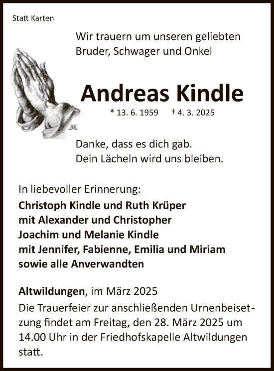 Traueranzeige von Andreas Kindle von WLZ
