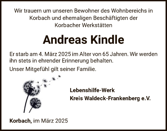 Traueranzeige von Andreas Kindle von WLZ