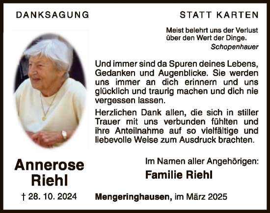 Traueranzeige von Annerose Riehl von WLZ