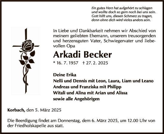 Traueranzeige von Arkadi Becker von WLZ