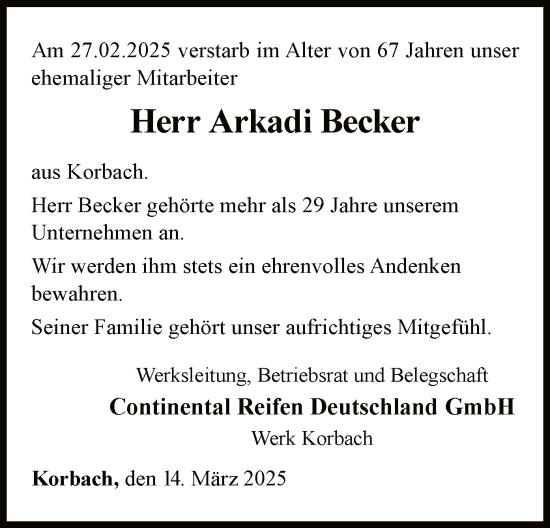 Traueranzeige von Arkadi Becker von WLZ