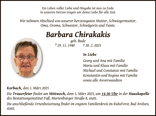 Traueranzeige von Barbara Chirakakis von WLZ