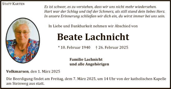 Traueranzeige von Beate Lachnicht von WLZHNA