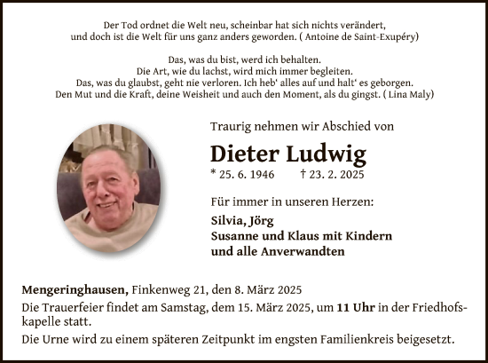 Traueranzeige von Dieter Ludwig von WLZ