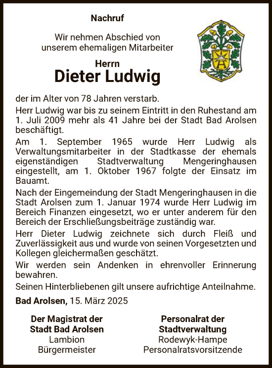 Traueranzeige von Dieter Ludwig von WLZ