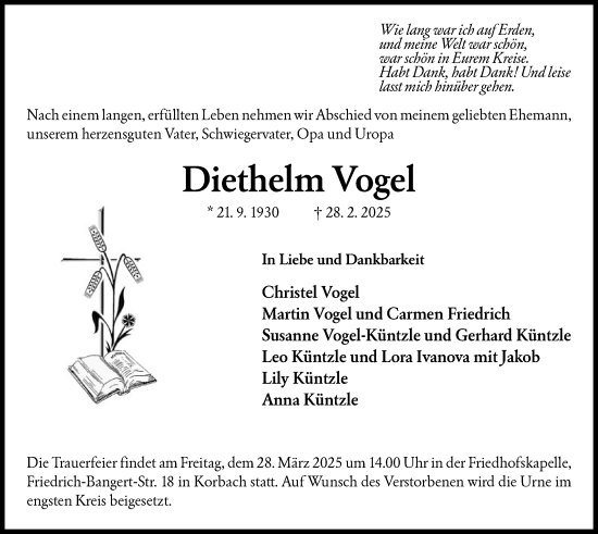 Traueranzeige von Diethelm Vogel von WLZ