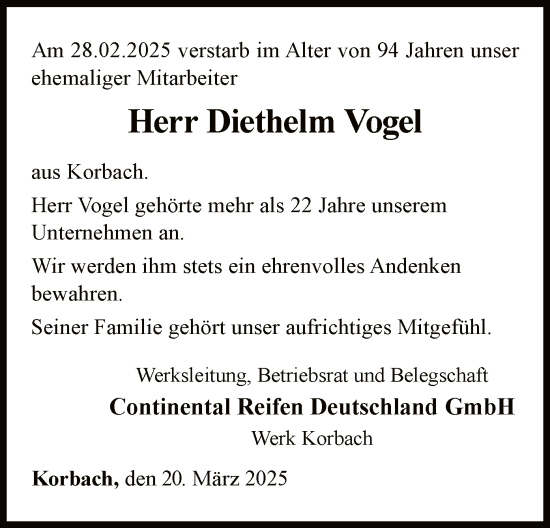 Traueranzeige von Diethelm Vogel von WLZ