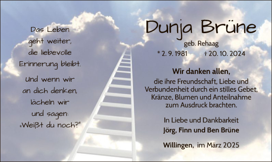 Traueranzeige von Dunja Brüne von WLZ