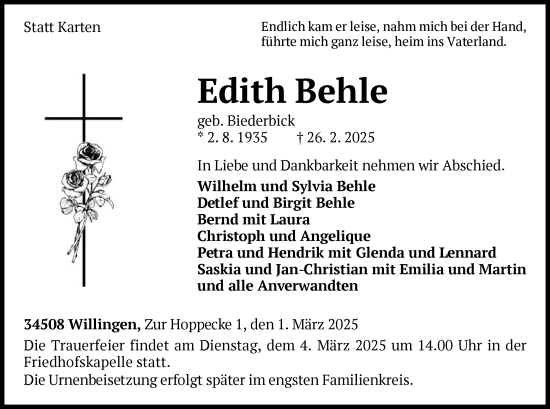 Traueranzeige von Edith Behle von WLZ