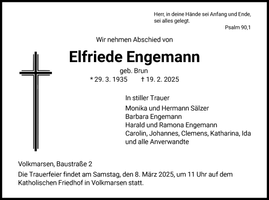 Traueranzeige von Elfriede Engemann von WLZ