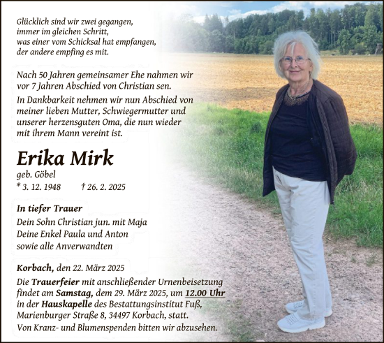 Traueranzeige von Erika Mirk von WLZ
