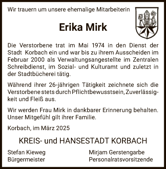 Traueranzeige von Erika Mirk von WLZ