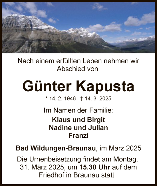 Traueranzeige von Günter Kapusta von WLZ