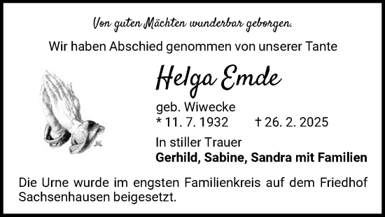 Traueranzeige von Helga Emde von WLZ