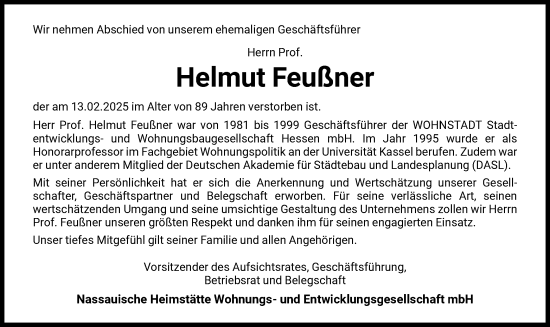 Traueranzeige von Helmut Feußner von HNA