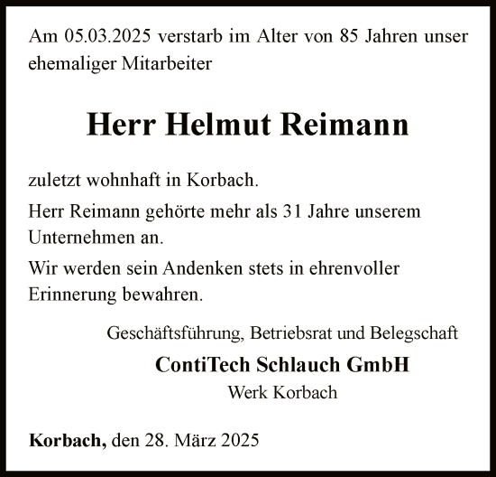 Traueranzeige von Helmut Reimann von WLZ