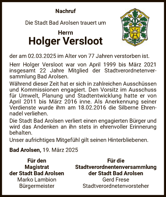 Traueranzeige von Holger Versloot von WLZ