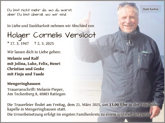 Traueranzeige von Holger Cornelis Versloot von WLZ