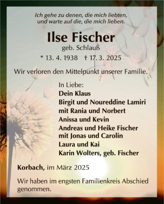Traueranzeige von Ilse Fischer von WLZ