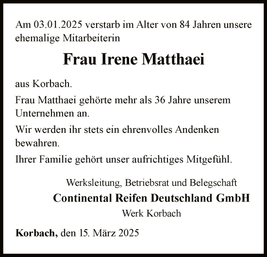 Traueranzeige von Irene Matthaei von WLZ