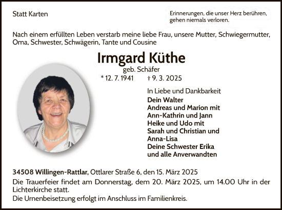 Traueranzeige von Irmgard Küthe von WLZ