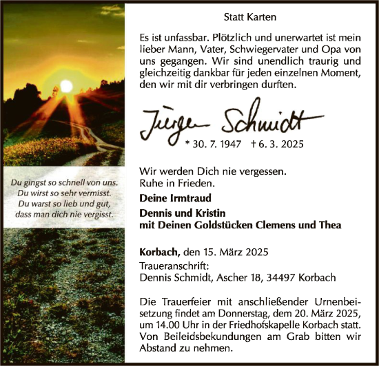 Traueranzeige von Jürgen Schmidt von WLZ