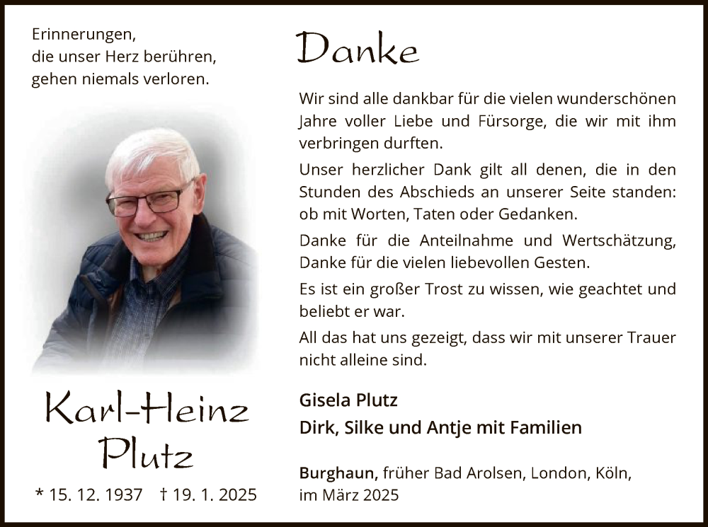  Traueranzeige für Karl-Heinz Plutz vom 08.03.2025 aus WLZ
