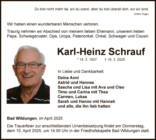 Traueranzeige von Karl-Heinz Schrauf von WLZ