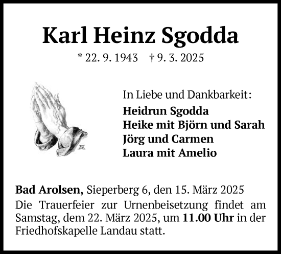 Traueranzeige von Karl Heinz Sgodda von WLZ