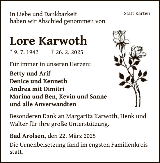Traueranzeige von Lore Karwoth von WLZ
