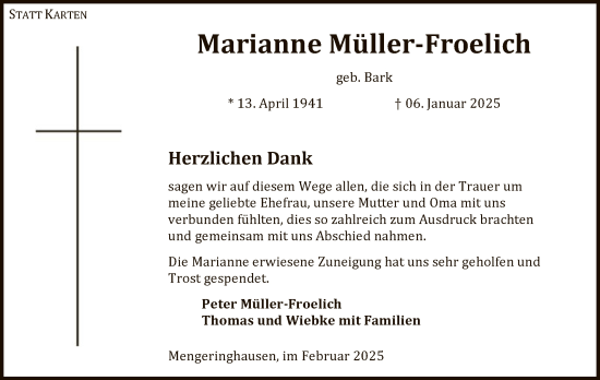 Traueranzeige von Marianne Müller-Froelich von WLZ