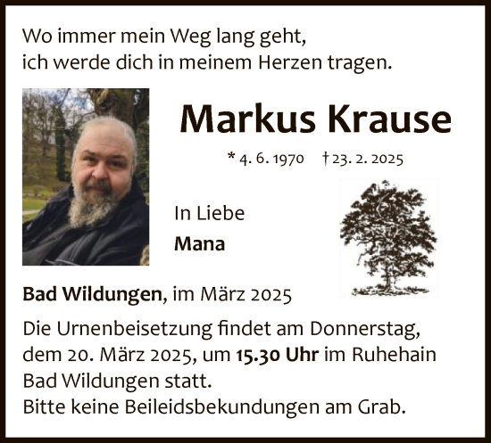 Traueranzeige von Markus Krause von WLZ