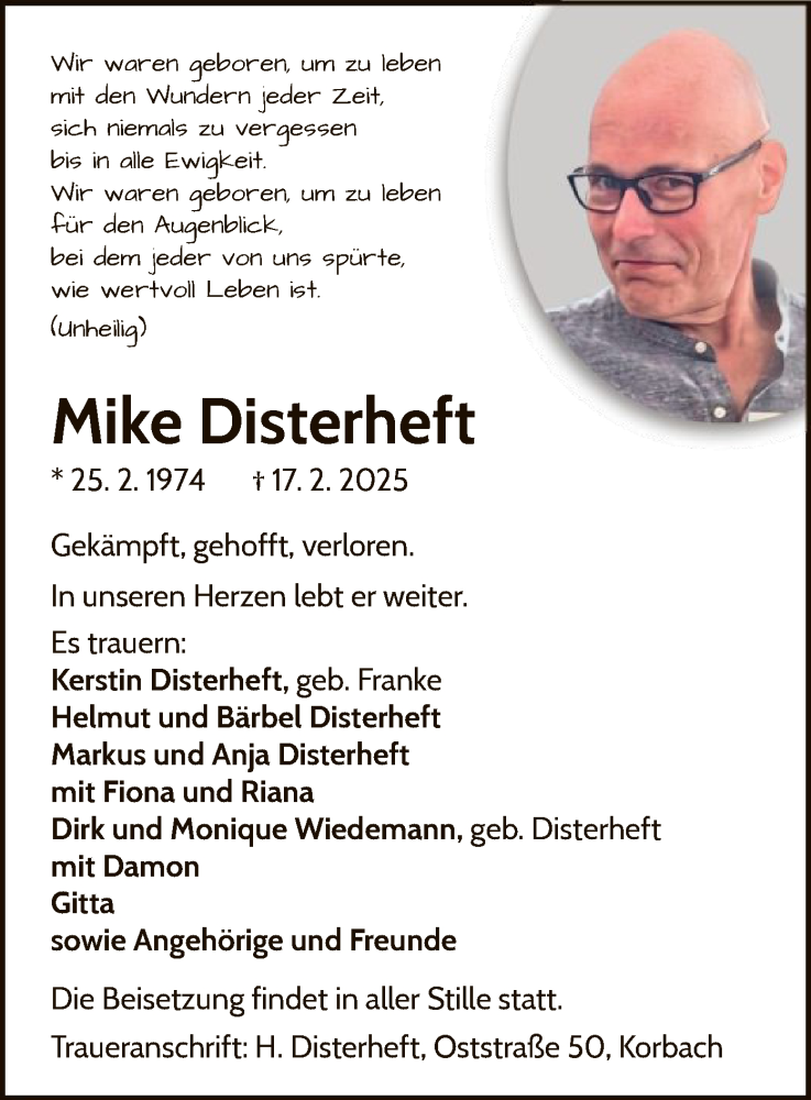  Traueranzeige für Mike Disterheft vom 01.03.2025 aus WLZ