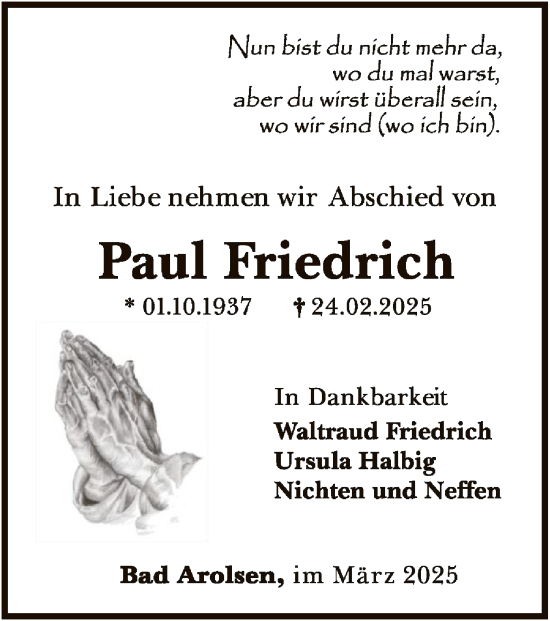 Traueranzeige von Paul Friedrich von WLZ