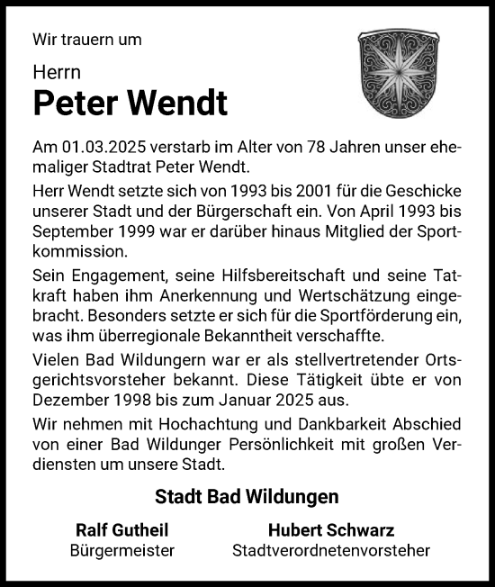 Traueranzeige von Peter Wendt von WLZ