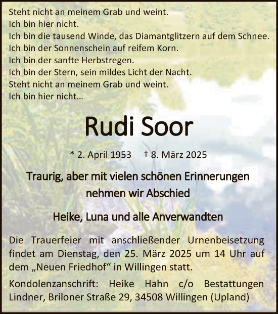 Traueranzeige von Rudi Soor von WLZ