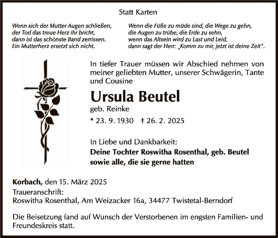 Traueranzeige von Ursula Beutel von WLZ