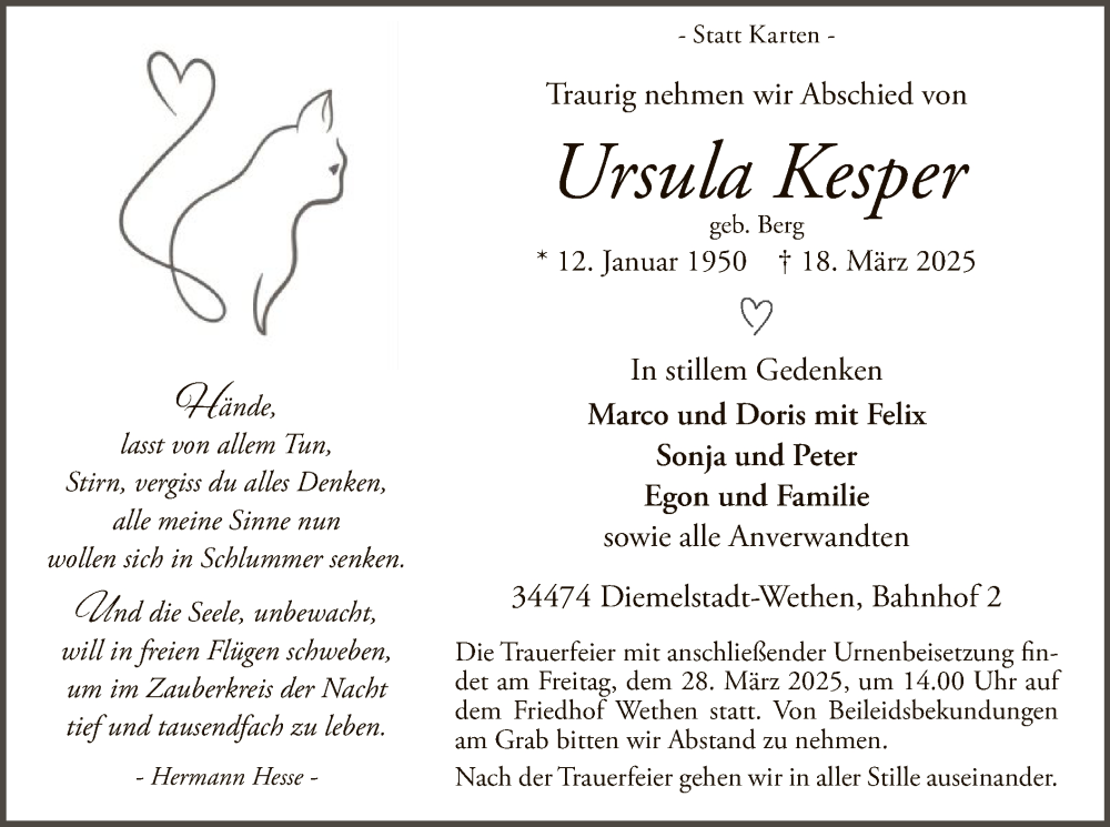  Traueranzeige für Ursula Kesper vom 22.03.2025 aus WLZ