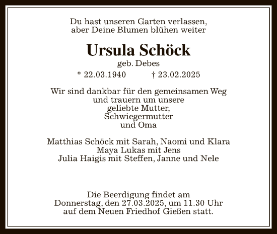 Traueranzeige von Ursula Schöck von WLZ