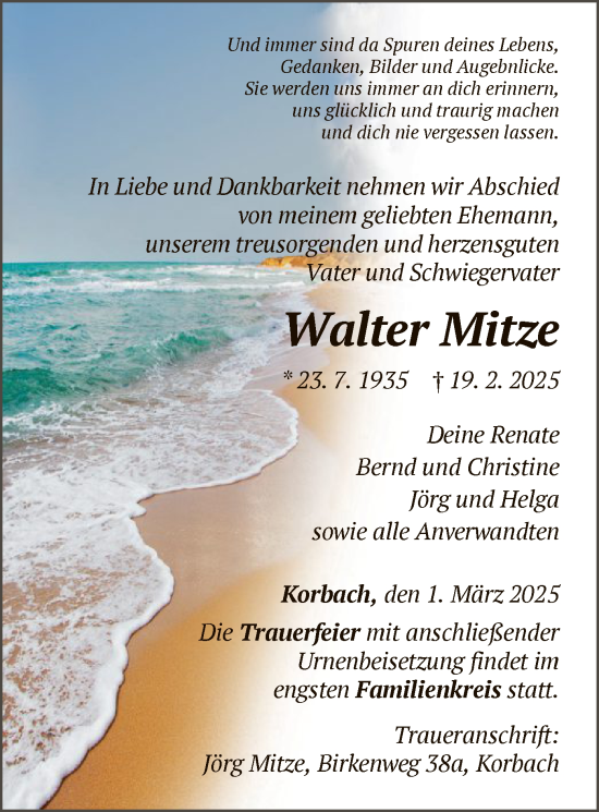 Traueranzeige von Walter Mitze von WLZ