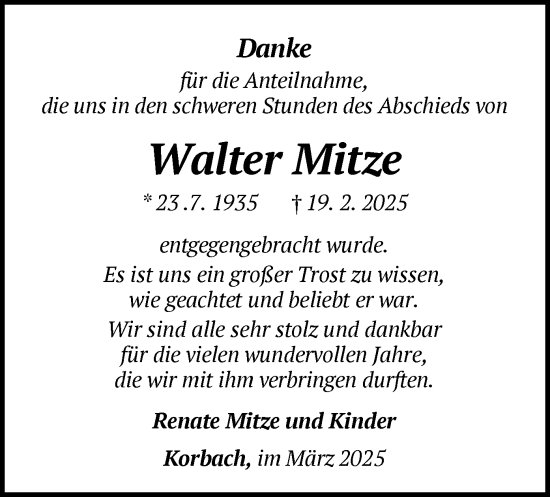 Traueranzeige von Walter Mitze von WLZ